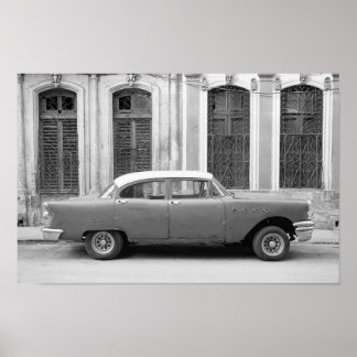 Klassisches kubanisches Auto, Schwarzweißdruck Poster