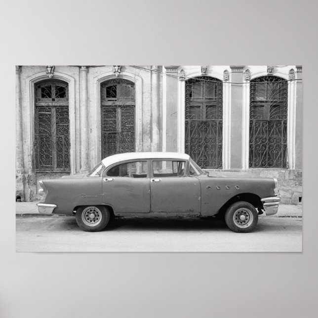 Klassisches kubanisches Auto, Schwarzweißdruck Poster (Vorne)