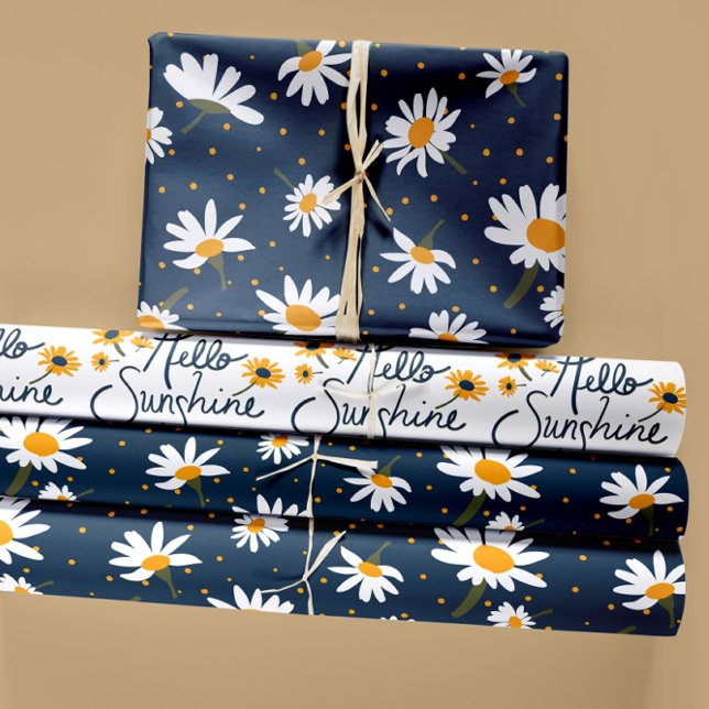 Klassisches Marineblach-Muster Geschenkpapier Set (Classic Navy Yellow White Daisy Floral Pattern Wrapping Paper Sheets from Studio Posies.)