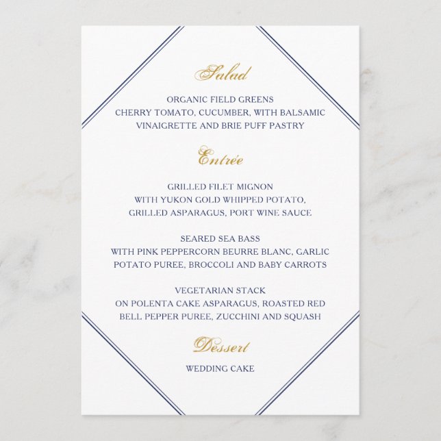 Klassisches Menü für Hochzeiten von Gold und Navy Menükarte (Vorderseite)