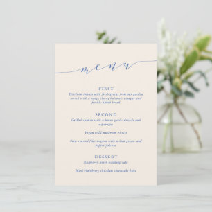 Klassisches, minimalistisches, blaues Hochzeitsdin Menükarte