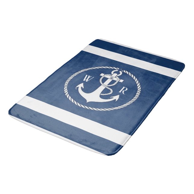 Klassisches Mit Monogramm Nautical Navy Blau und W Badematte (Schrägansicht)
