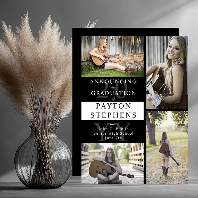Klassisches modernes Foto Black | Weißer Abschluss Ankündigung (Classy Modern Four Photo Collage Black and White Graduation Announcement - Print and/or Download)