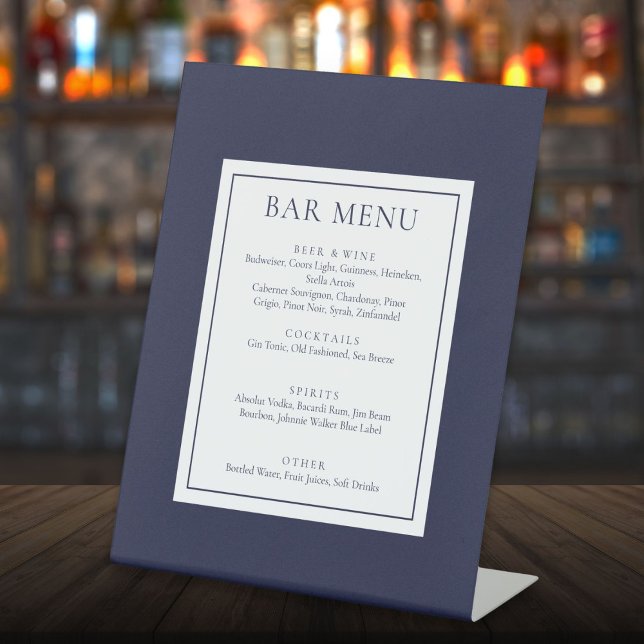 Klassisches, modernes Navy Blue Bar Menu Sockelschild (Classic Modern Navy Blue Bar Menu Pedestal Sign)