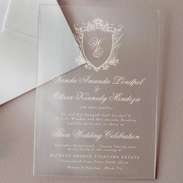 Klassisches Mongram, florales Wappen Hochzeit Acryleinladungen (Von Creator hochgeladen)