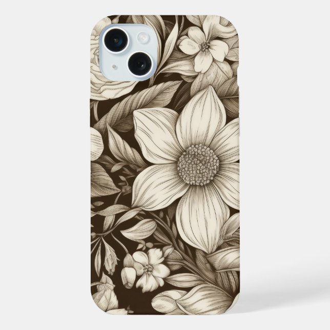 Klassisches monochromes Floral mit Vintage-Stimmun iPhone 15 Plus Hülle (Rückseite)