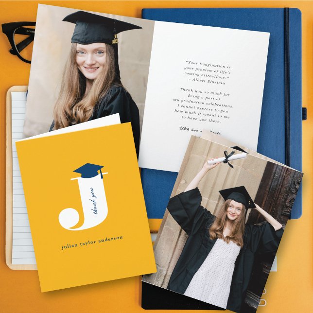 Klassisches Monogram J Graduation Cap Modernes Fot Dankeskarte (Classic Graduate's Monogram J Graduation Cap Modern Photo Thank You Card @ zazzle.com/color_therapy)