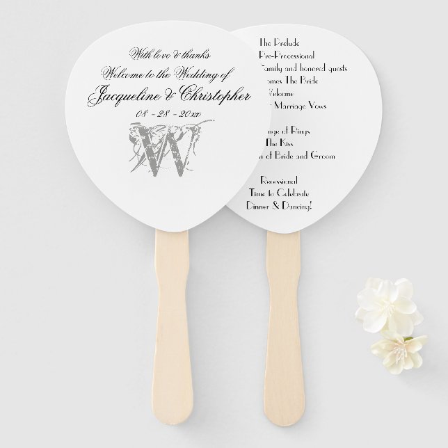 Klassisches Monogram Romantic White Wedding Progra Fächer (Vorne und Hinten)