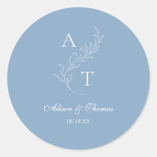 Klassisches Monogramm-Blatt Hochzeit Staubblau Ums Runder Aufkleber