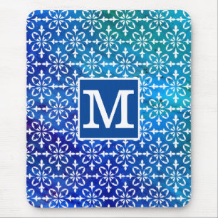 Klassisches Monogramm Blau Chem 4 Florales Damast Mousepad