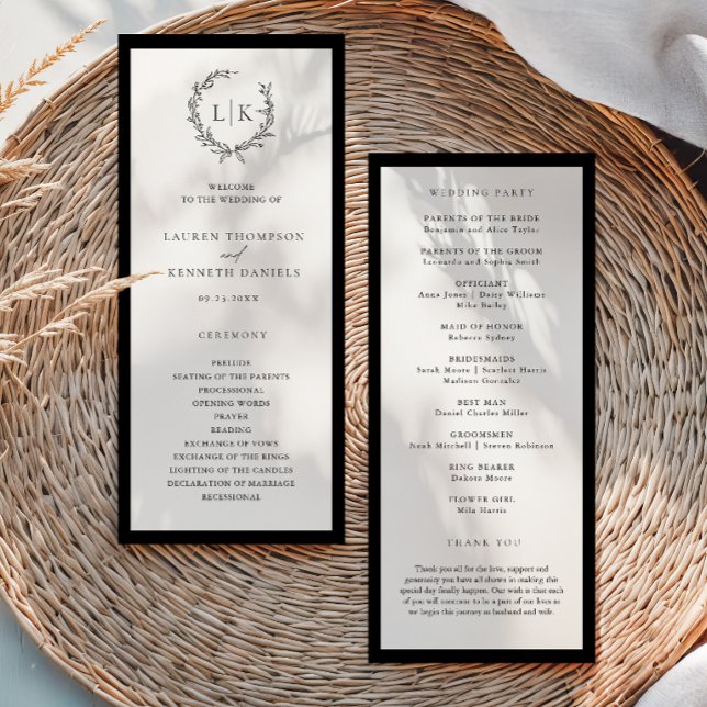 Klassisches Monogramm-Kranz-Hochzeitsprogramm Menükarte (Von Creator hochgeladen)