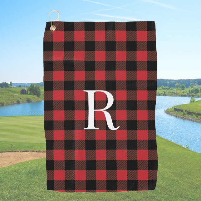 Klassisches Monogramm rotes Büffelkaromuster-Gesch Golfhandtuch (Von Creator hochgeladen)
