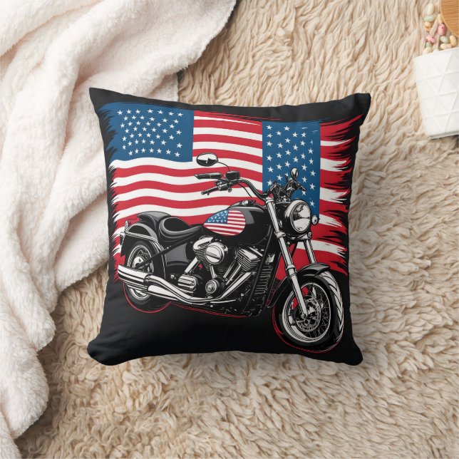 Klassisches Motorrad mit amerikanischer Flagge Kissen (Decke)
