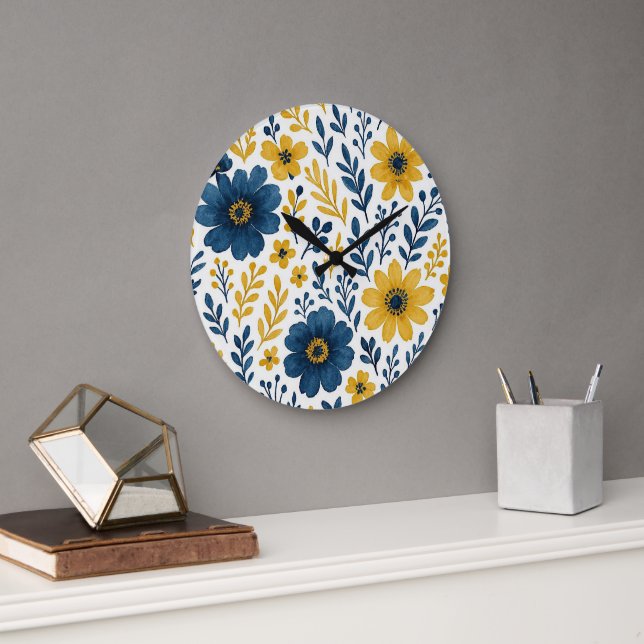 Klassisches Muster der mediterranen Blumenkunst Große Wanduhr (Büro)