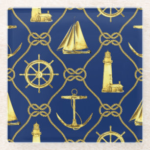Klassisches nautisches Gold Blau-Segelboot Leuchtt Glasuntersetzer