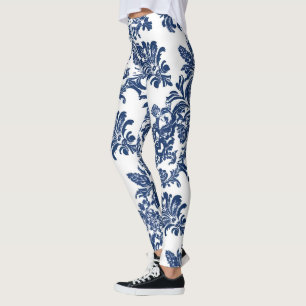 Klassisches Navy Blue Damask Muster Leggings