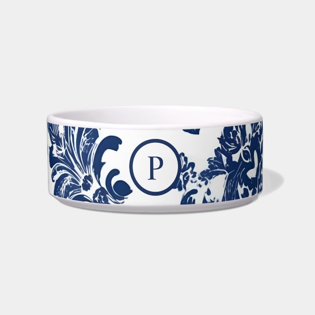 Klassisches Navy Blue Damask Muster Napf (Vorderseite)