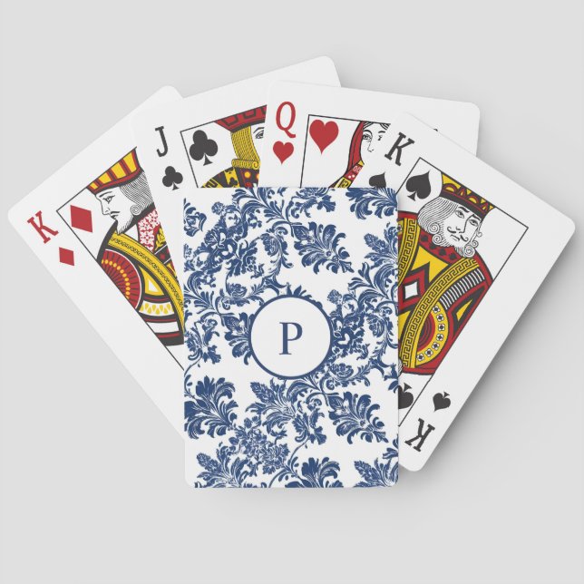 Klassisches Navy Blue Damask Muster Spielkarten (Rückseite)