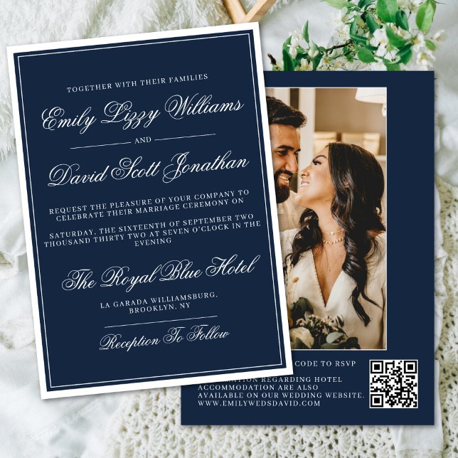 Klassisches Navy Blue Regal Traditionelles QR Foto Einladung (Von Creator hochgeladen)