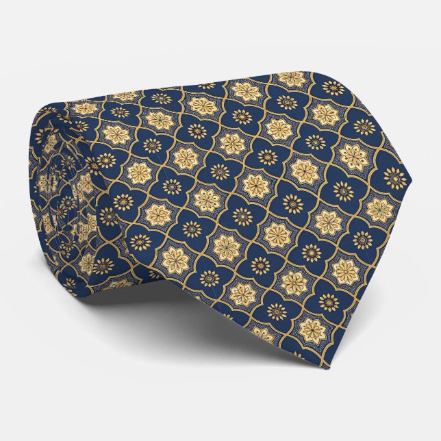 Klassisches Navy- und Gold-Fliesenmuster Krawatte (Gerollt)