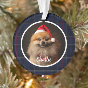 Klassisches Navyblau-Tartan-Karo-Hundebild Ornament