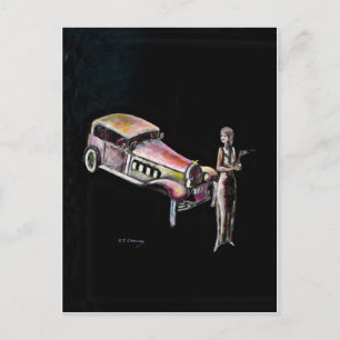 klassisches Oldtimer-Auto und Art Deco-Dame im Sti Postkarte