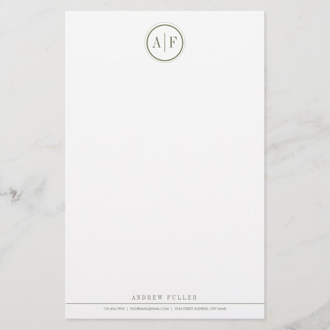 Klassisches olivgrünes Grün-mit Monogramm Briefpapier (Vorderseite)