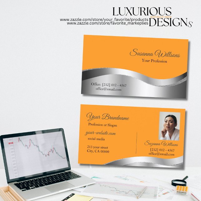 Klassisches Orange mit weißem Silberdekor und Foto Visitenkarte (Von Creator hochgeladen)