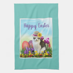 Klassisches Osterdesign mit Katze in einem Huturla Geschirrtuch