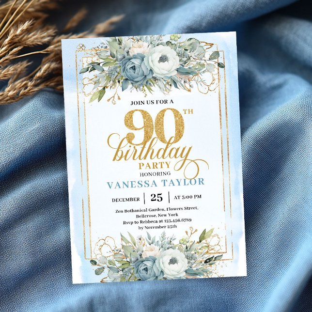 Klassisches pastellblaues Goldschriftzug 90. Gebur Einladung (Classic pastel blue gold script 90th birthday invitation)
