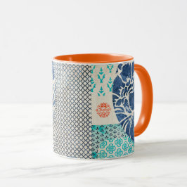 Klassisches Patchworkmuster in Indigo und Türkis Tasse