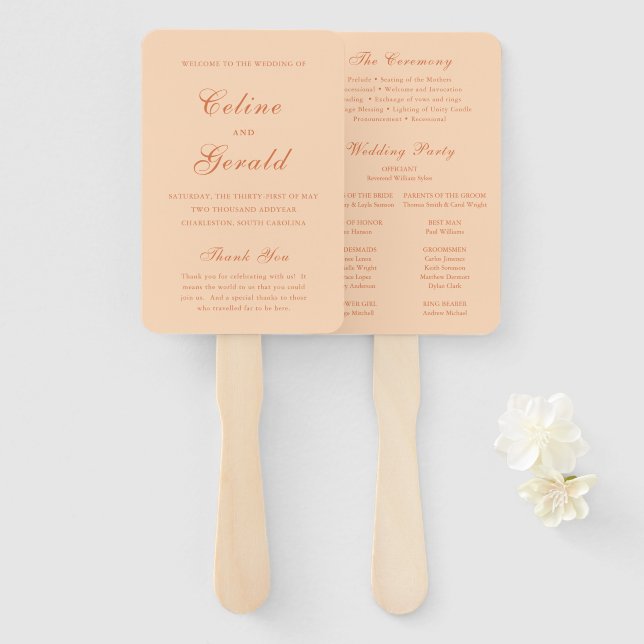 Klassisches Peach Elegante Wedding Program Fächer (Vorne und Hinten)