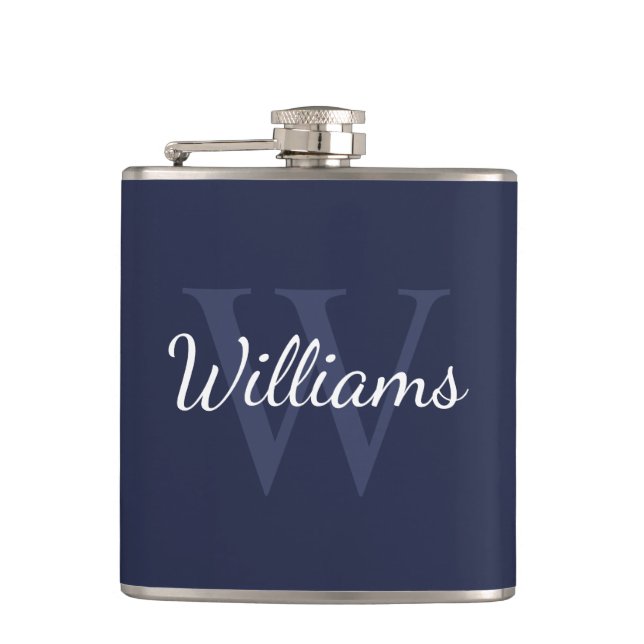 Klassisches Personalisiertes Monogramm und Navy Bl Flachmann (Vorderseite)