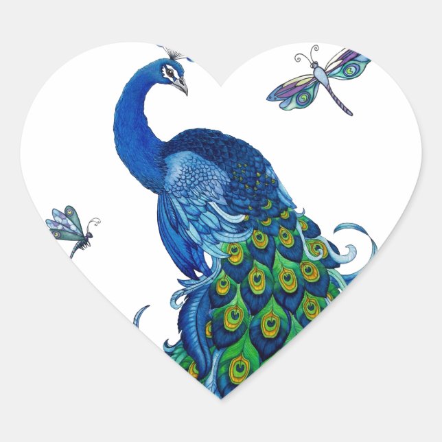 Klassisches Pfau- und Dragonfly-Design Herz-Aufkleber (Vorderseite)