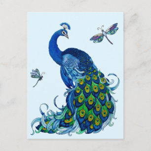 Klassisches Pfau- und Dragonfly-Design Postkarte