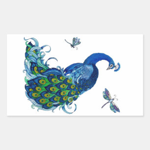 Klassisches Pfau- und Dragonfly-Design Rechteckiger Aufkleber