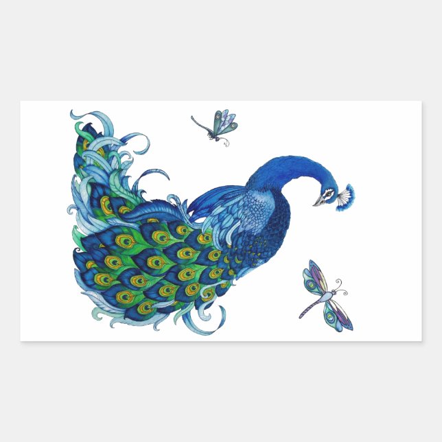 Klassisches Pfau- und Dragonfly-Design Rechteckiger Aufkleber (Vorderseite)