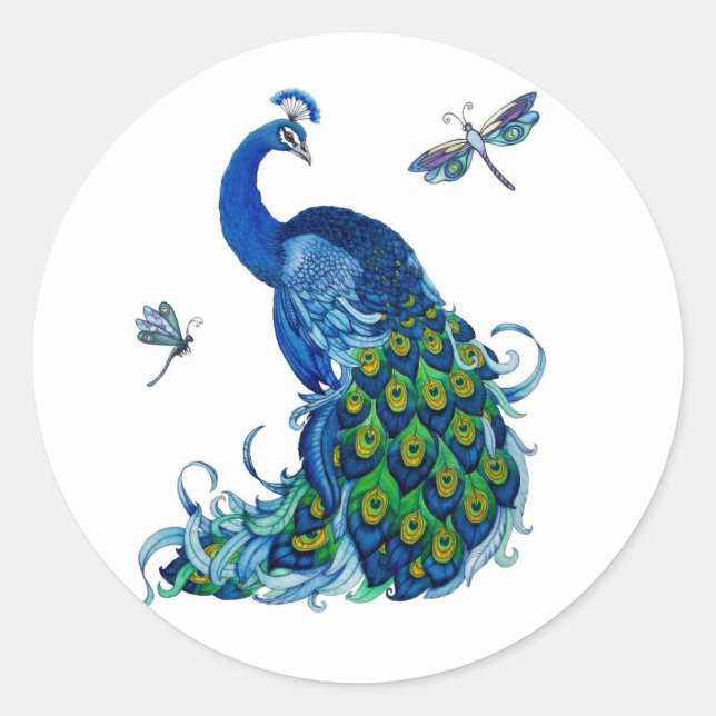 Klassisches Pfau- und Dragonfly-Design Runder Aufkleber (Vorderseite)