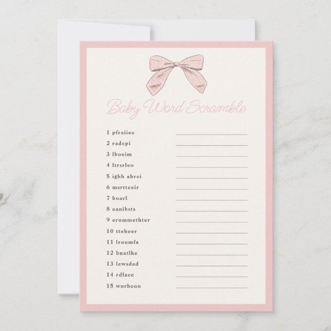 Klassisches Pink Bow Baby Shower Word Scramble Gam Einladung (Vorderseite)
