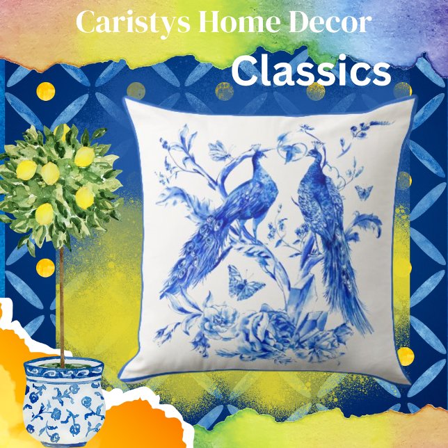 Klassisches Porzellan Blue Peacocks weißer Hinterg Kissen (Von Creator hochgeladen)