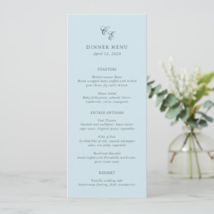 Klassisches Powder Blue Monogram Elegante Hochzeit Menükarte