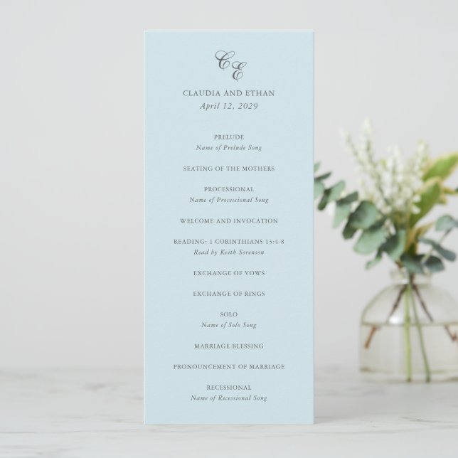 Klassisches Powder Blue Monogram Elegante Hochzeit Programm (Stehend Vorderseite)
