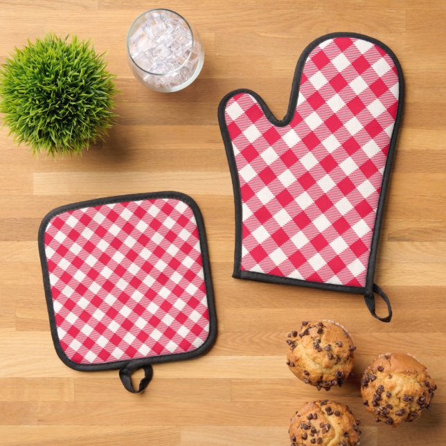 Klassisches Red Gingham Country Pattern Ofenhandschuh & Topflappen-Set (Oben Unten)