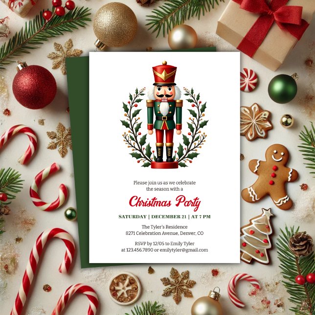 Klassisches Red Nutcracker Weihnachts-Party Einladung (Classic Red, White and Green Nutcracker Themed Christmas Party Invitation)