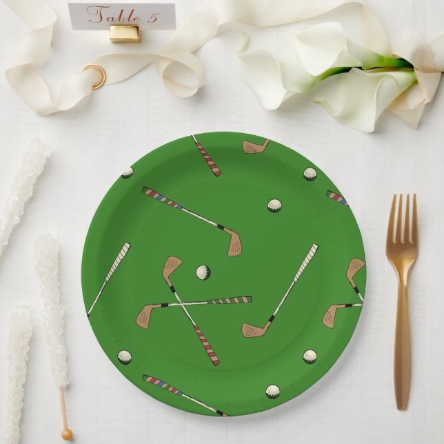 Klassisches Retro Golf Golfer Clubs Balls Muster Pappteller (Hochzeit)