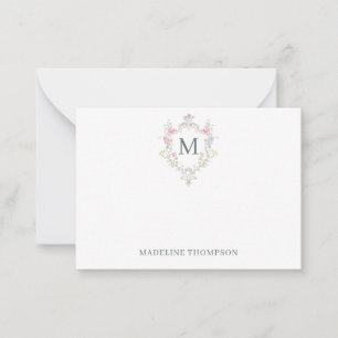 Klassisches Rokoko-Blumenwappen-Monogramm mit Grün Mitteilungskarte