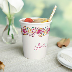 Klassisches Rosa Grün Gelb Floral Schwan Vogel Hoc Pappbecher