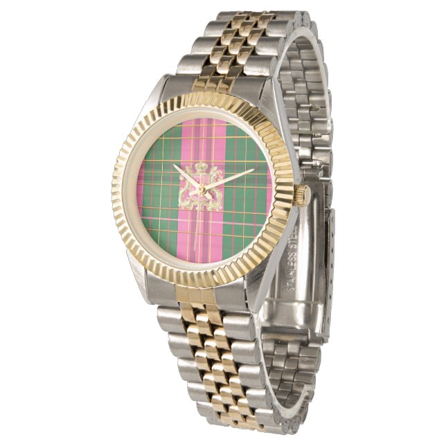 Klassisches Rosa und Grün Kariert mit benutzerdefi Armbanduhr (Schrägansicht)