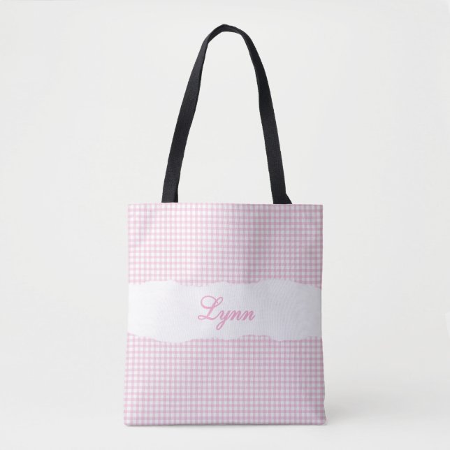 Klassisches Rosa & Weiß Gingham | Personalisierter Tasche (Vorderseite)