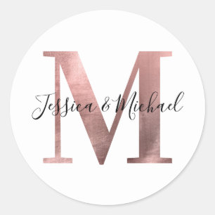 Klassisches Roségoldfolie-Hochzeitsmonogramm M Runder Aufkleber